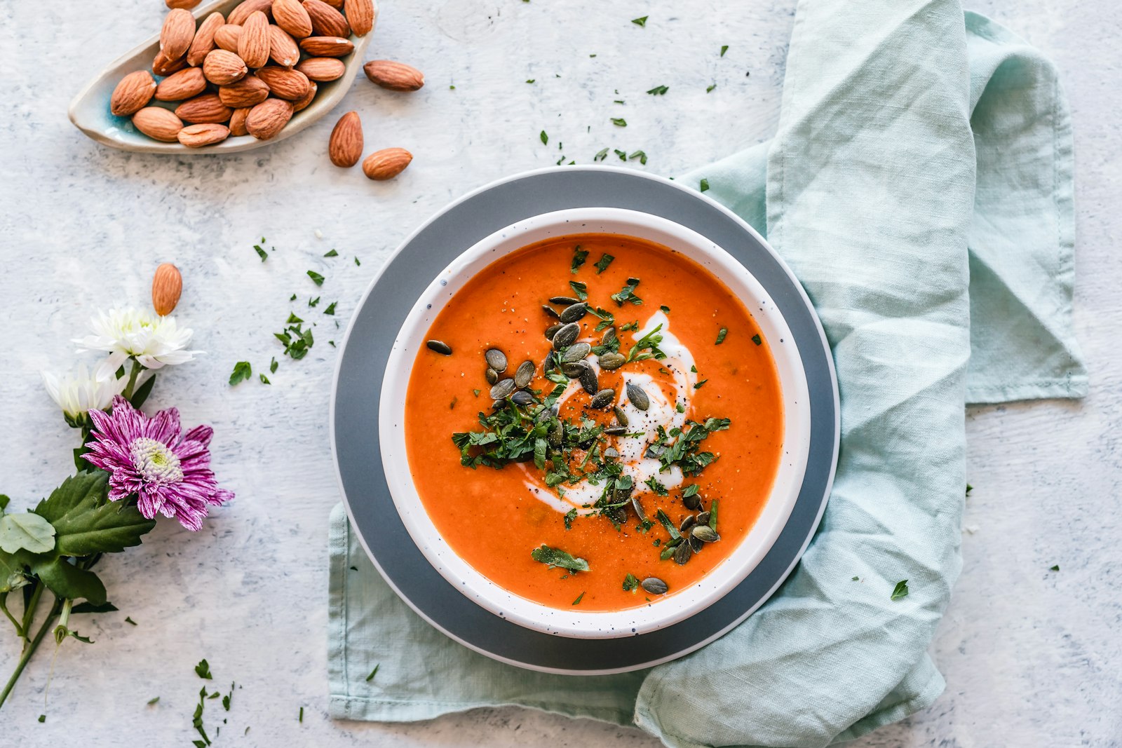 Soup bowl and global-ready vegetarian meal presentation