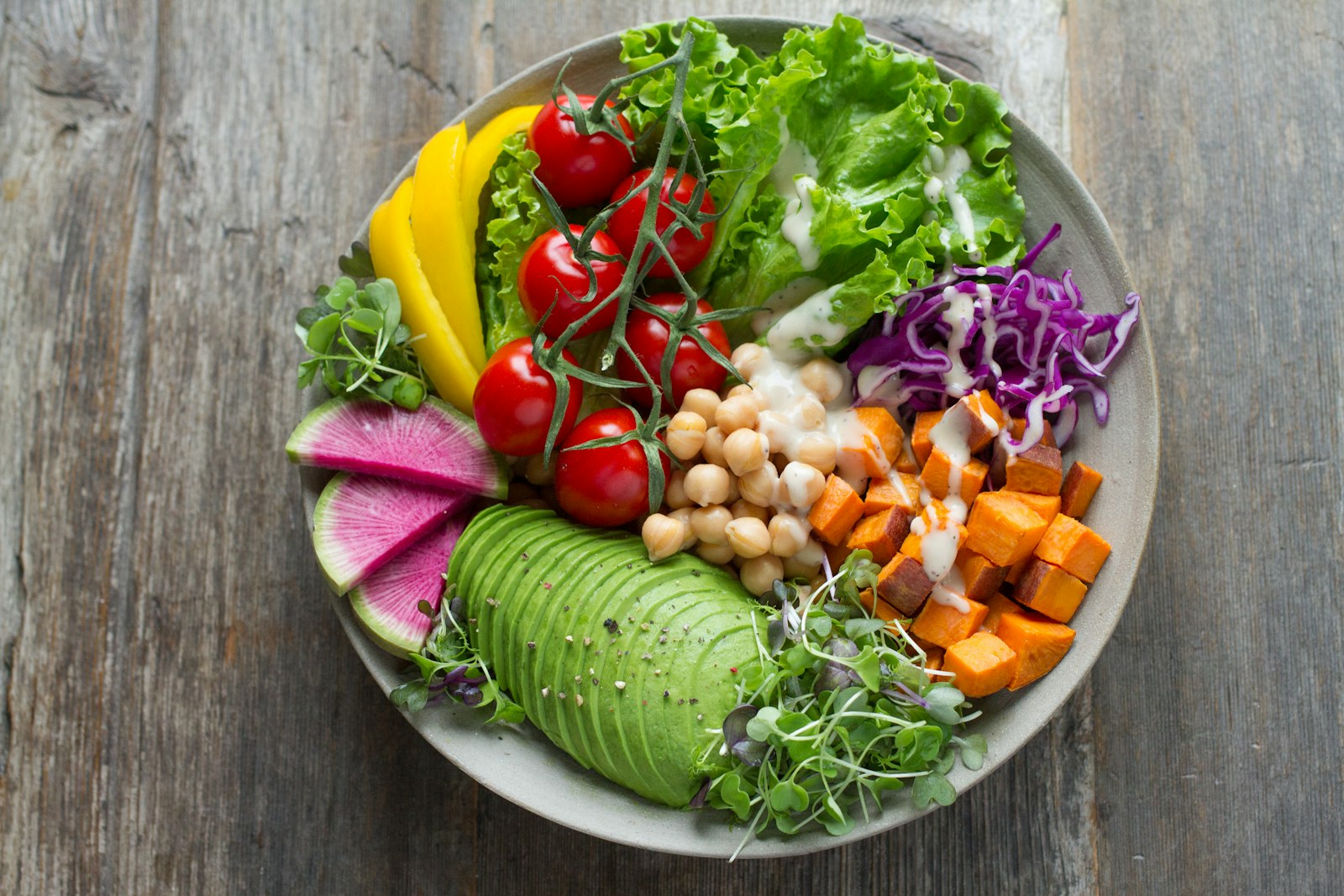 Colorful plant-based salad bowl representing vegan products
